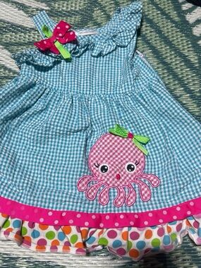 Bonnie Jean Blue Gingham Octopus Appliqué Dress with Pink Accents